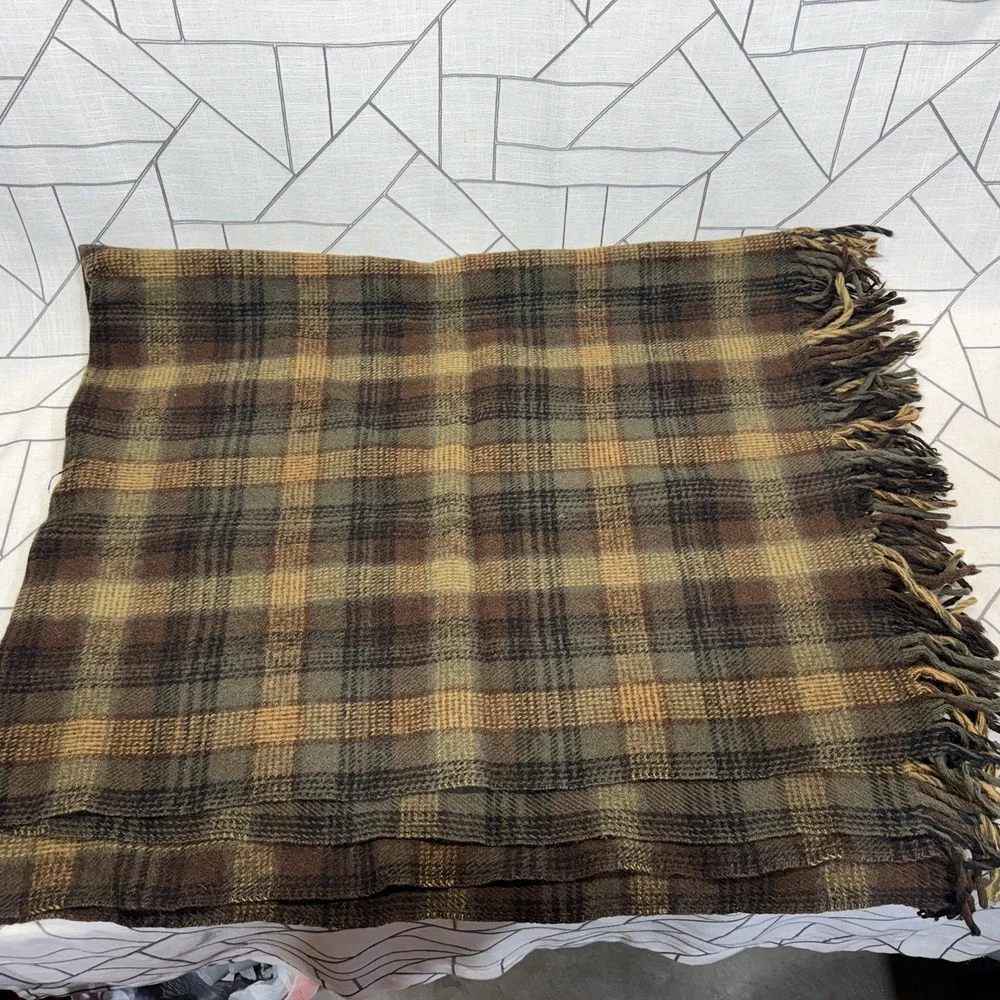 VTG 60s Pendleton Wool Blanket Throw Green Black‎ Plaid Tartan Check Fringe READ